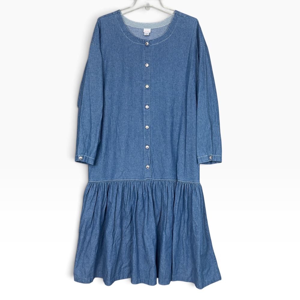 Hanna Andersson Denim Dress Womens XL Blue Button Front Dropped Waist Midi USA